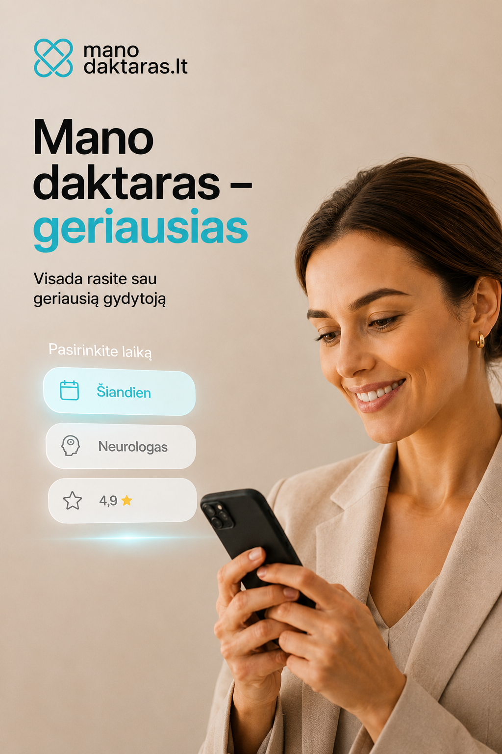 Key visual: moteris naudoja manodaktaras.lt telefone